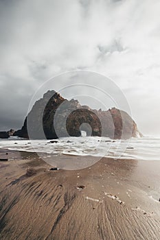 Pfeiffer Beach is a rocky coastling situated at the Big Sur west coast of California. Tourism, travel USA, United States of