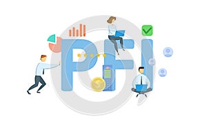 PFI, Private Finance Initiative. Concept with keywords, people and icons. Flat vector illustration. Isolated on white.