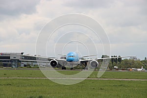 PH-BQK KLM Asia Boeing 777 idle on landing strip Aalsmeerbaan of Amsterdam Schiphol Airport in the Netherlands, parked due to canc