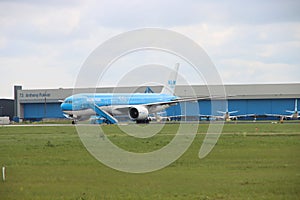 PH-BQL KLM Asia Boeing 777 idle on landing strip Aalsmeerbaan of Amsterdam Schiphol Airport in the Netherlands, parked due to canc