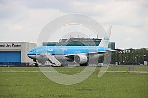 PH-BQM KLM Asia Boeing 777 idle on landing strip Aalsmeerbaan of Amsterdam Schiphol Airport in the Netherlands, parked due to canc