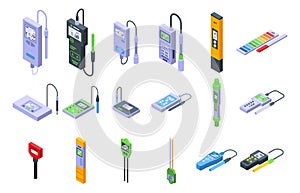 Ph meter icons set isometric vector. Acid chemical