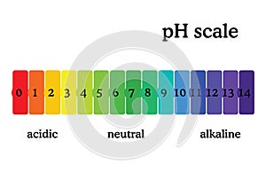 PH scale diagram with corresponding acidic or alcaline values. Universal pH indicator paper color chart.