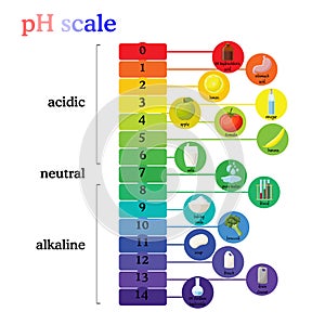 PH scale diagram with corresponding acidic or alkaline values for common substances, food, household chemicals