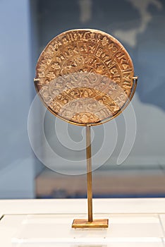 Phaistos Disk is a disk of fired clay from the Minoan palace of Phaistos, Heraklion Archaeological Museum. Crete