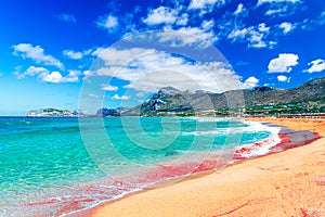 Phalasarna Beach, Crete, Greece: Nature landscape view of beautiful pink beach and sea in a sunny day