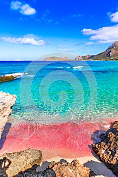 Phalasarna Beach, Crete, Greece: Nature landscape view of beautiful pink beach and sea in a sunny day