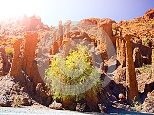 Phallic shape red rock formations in Valle de los Machos - Quebrada de Palmira near Tupiza, Bolivian Andes, South