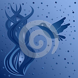 Phantasmagoric composition with bird on starry sky