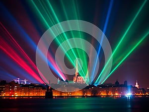 Phantastic red and Blue colored lasershow.Generative AI