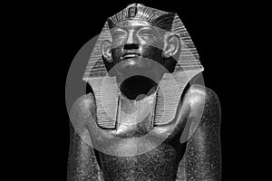 Pharaoh Egyptian gods dead religion symbol stone statue isolated on black. Stone pharaoh tutankhamen mask on black