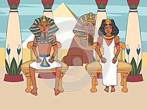 Pharaoh and queen on throne at palace with egyptian pyramids and sphinx background