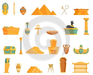 Pharaoh tomb icons set cartoon vector. Ancient pillar pyramid