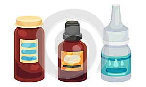 Pharmaceutic Bottles with Medicines Like Tablets and Capsules Inside Vector Set