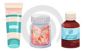 Pharmaceutic Bottles with Medicines Like Tablets and Capsules Inside Vector Set