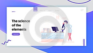 Pharmaceutic or Chemical Laboratory Research, Experiment Landing Page Template. Woman Scientist Character