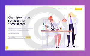 Pharmaceutic Education and Research Concept Landing Page. Scientist Male Character in Glasses at Chemistry Lab. Biotechnology photo
