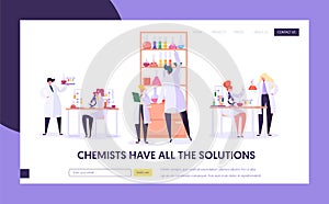 Pharmaceutic Lab Research Concept Landing Page. Doctor Man Character and Woman Assistant in Medical Uniform. Microscope photo