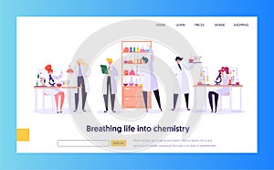 Pharmaceutic Laboratory Research Concept Landing Page. Scientist Character Working in Chemistry Lab. Medical Equipment photo