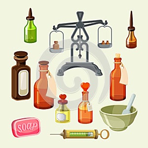 Pharmaceutical apothecary elements set. Realistic bottles for essential oils
