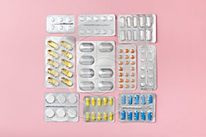 Pharmaceutical background from medicaments in capsules.