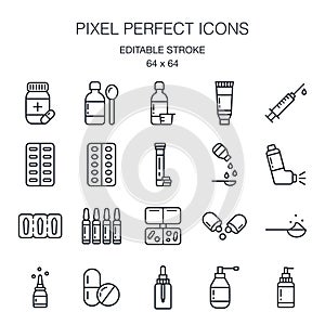 Pharmaceutical dosage forms editable stroke outline icon pack isolated on white background vector illustration. Pixel perfect. 64 photo
