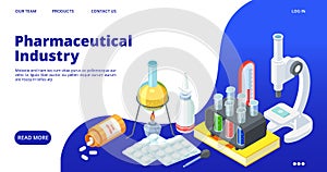 Pharmaceutical industry landing page. Isometric drugs development vector web banner. Chemical equipment, pills, vitamins