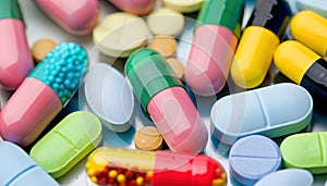 Pharmaceutical industry. tablets, pills, capsules of different shapes and colors to combat all types of diseases