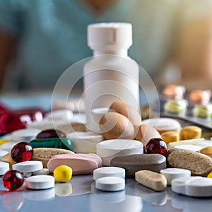 Pharmaceutical industry. tablets, pills, capsules of different shapes and colors to combat all types of diseases