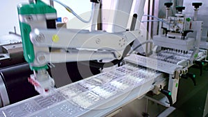 Pharmaceutical manufacturing line. Automated production line. Medicine industry