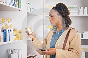 Pharmaceutical, medication and female customer choosing healthcare products or drugs in a drugstore. Dispensary, medical