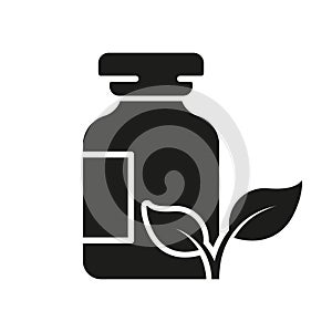 Pharmaceutical Organic Ingredient in Bottle with Plant Silhouette Icon. Botany Medical Cosmetic Product Glyph Pictogram