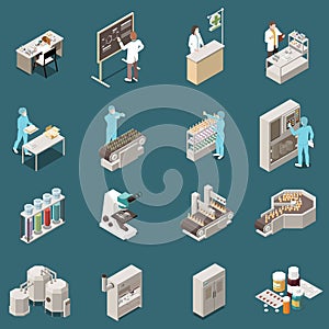 Pharmaceutical Production Isometric Icon Set