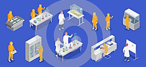 Pharmaceutical production isometric set of laboratory equipment icons and human characters of scientists in biohazard suits vector