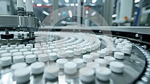 Pharmaceutical production line: medical vials and tablets manufacturing, automated process of drug production in modern