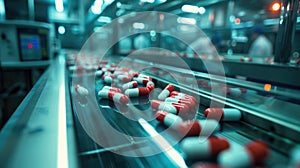 Pharmaceutical production line: medical vials and tablets manufacturing, automated process of drug production in modern