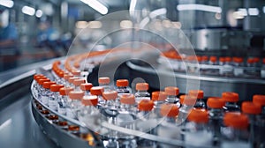 Pharmaceutical production line: medical vials and tablets manufacturing, automated process of drug production in modern