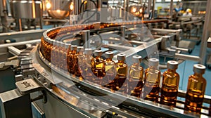 Pharmaceutical production line: medical vials and tablets manufacturing, automated process of drug production in modern