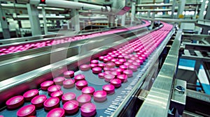 Pharmaceutical production line: medical vials and tablets manufacturing, automated process of drug production in modern