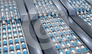 Pharmaceutical production of pills. Drugs manufacturing. 3D rendered illustration.