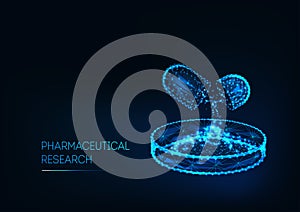 Pharmaceutical research concept with medicine pill and Petri dish and text isolated on dark blue.