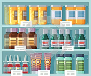Pharmaceutical shelves. Medicine rack. Front view of store showcase with labels. Medicated creams and jars with capsules photo