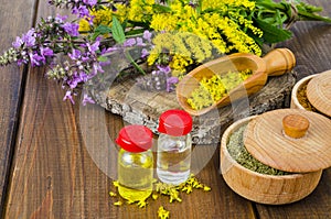 Pharmaceutical tincture, extract of wild herbs, medicinal flowers in medical bottles