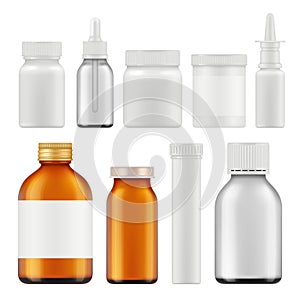 Pharmaceutical white bottles. Blank medicament supplement box or packages realistic white empty vector containers