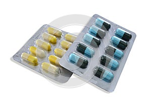 Pharmaceuticals antibiotics pills medicine /colorful antibacterials pills isolated on white background