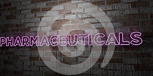 PHARMACEUTICALS - Glowing Neon Sign on stonework wall - 3D rendered royalty free stock illustration