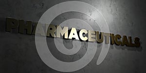 Pharmaceuticals - Gold text on black background - 3D rendered royalty free stock picture
