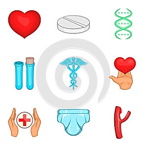 Pharmaceuticals icons set, cartoon style