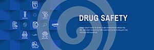 Pharmaceuticals and medications icon set with web header banner for FDA Approval
