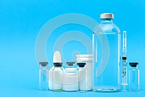 Pharmaceuticals for the treatment of diseases unlable plastic and glass bottles.